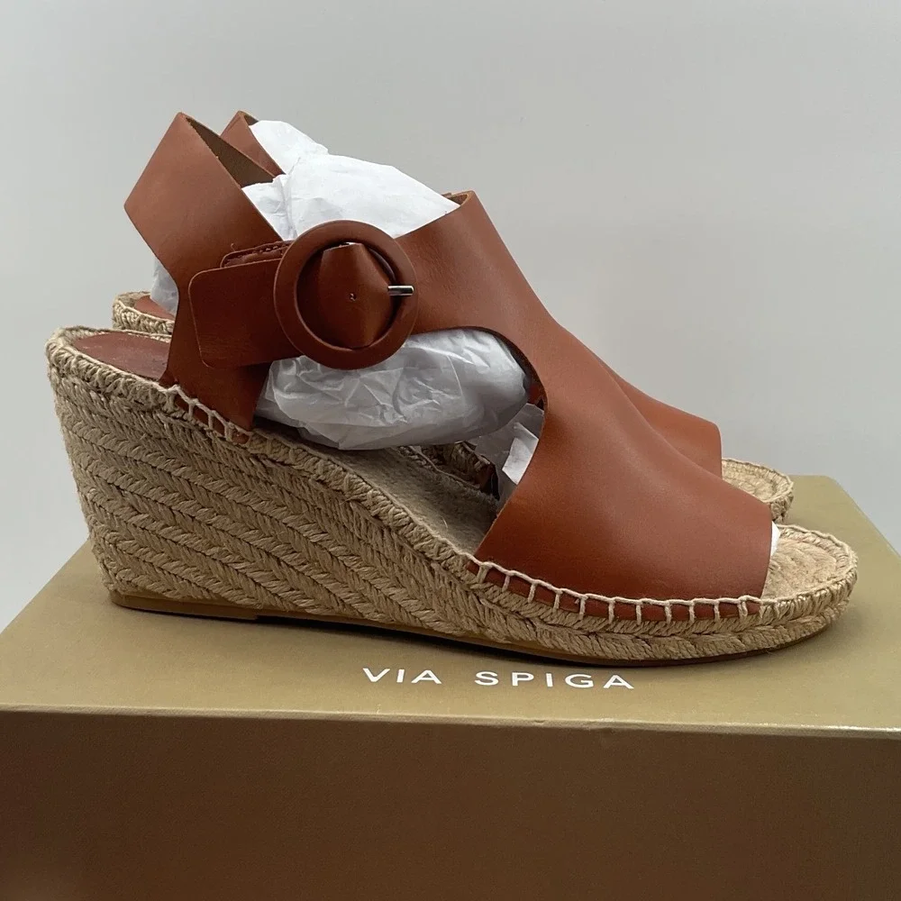 Via‎ Spiga Tan Brown Leather Espadrille Wedge Sandals Platform Buckle Open Toe